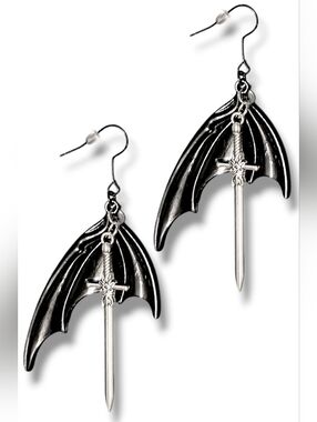 NWT Handmade Goth Black Batwing and Silver Sword Dangly Earrings